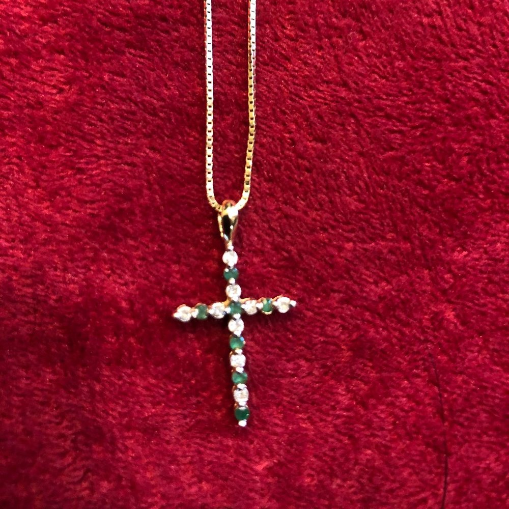 Emerald and Diamond Cross Necklace Gold